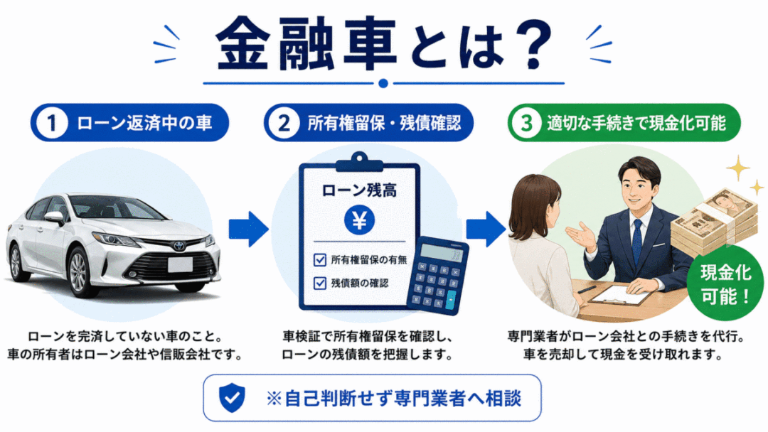 金融車とは、ローンを完済していない車のことで、所有権留保の確認や専門業者による手続き代行により売却・現金化が可能です。自己判断せず専門業者へ相談しましょう。